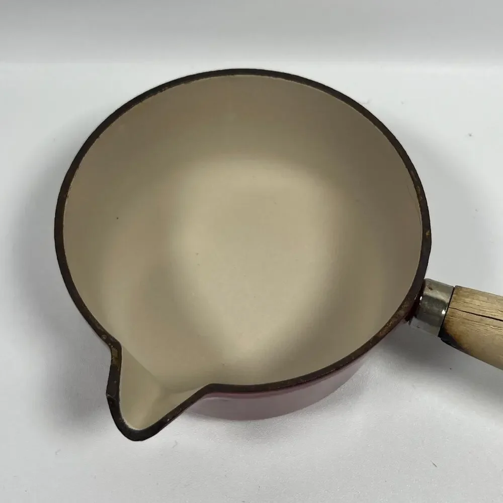 LE CREUSET Saucepan #14 Wooden Handle Lid Enameled Cast Iron Red France CLEAN